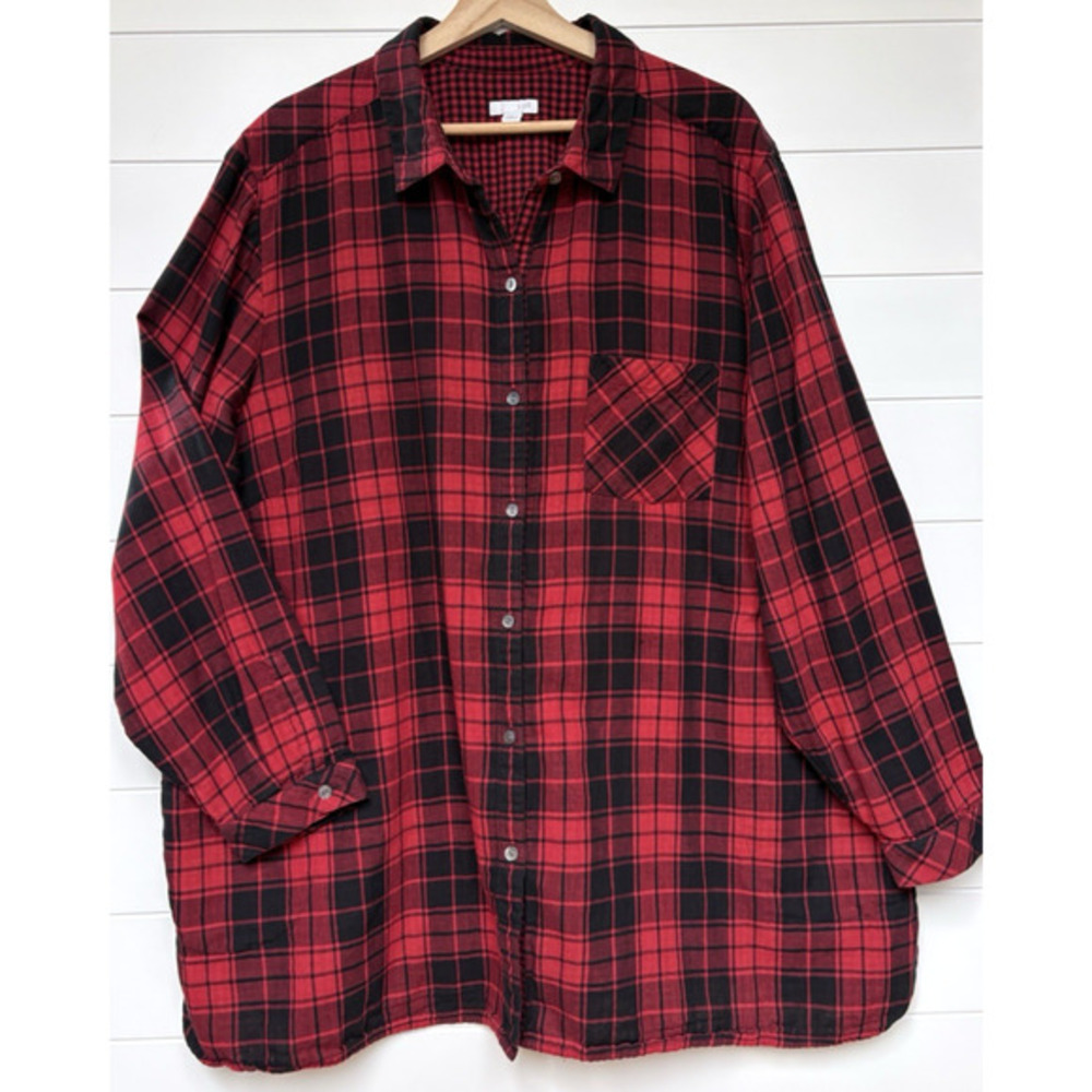 J Jill Plus Size 4X Plaid Button Up‎ Shirt Double Layer Cotton Flannel Red Black